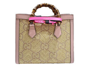 Gucci Handle Straw Beige Handbag Shoulder Bamboo Diana GG Pink Tan Bag Tan Pink